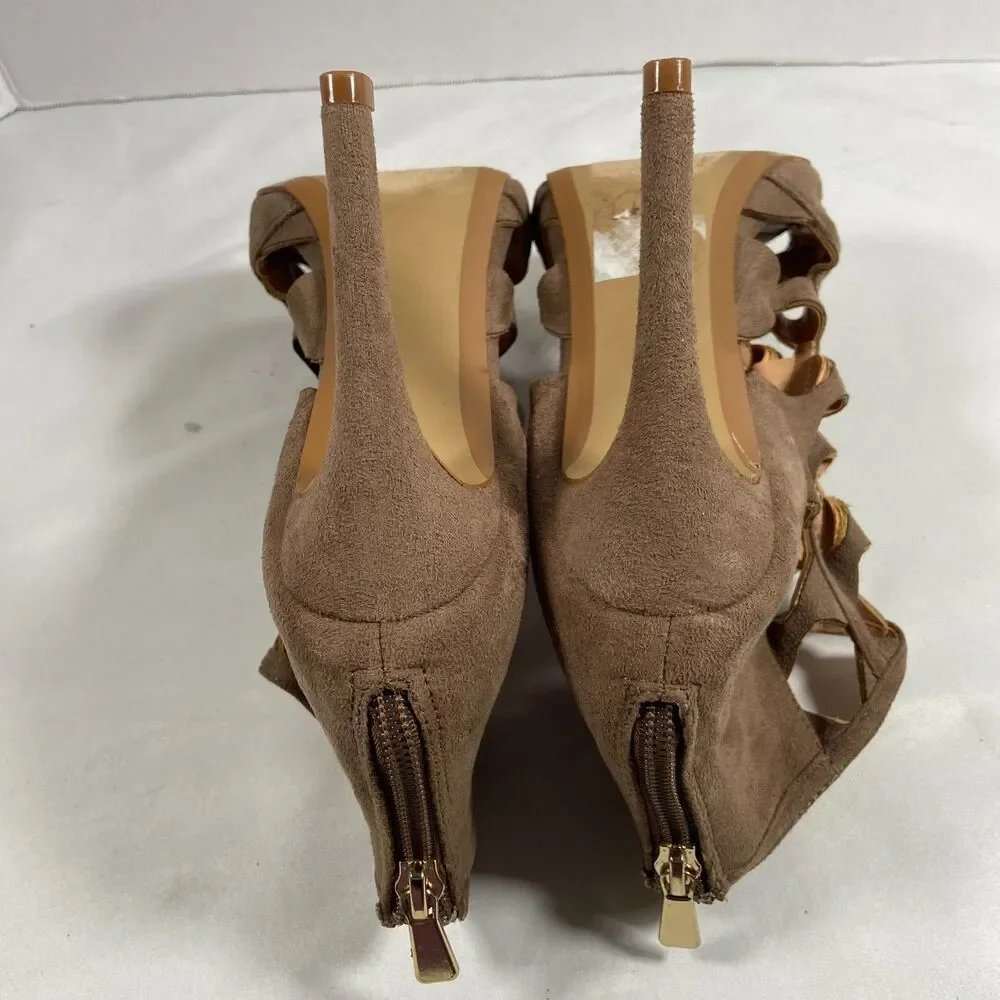 Yoki Womens Brown Suede Cage Cutout Peep Toe Sandal Bootie Heels